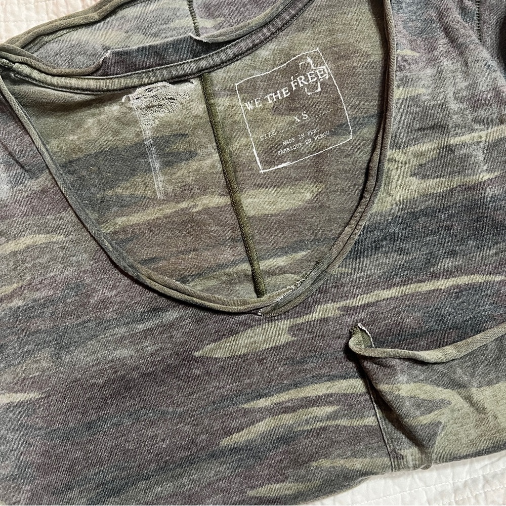 FREE PEOPLE too. Camo, distressed short sleeve size XS
